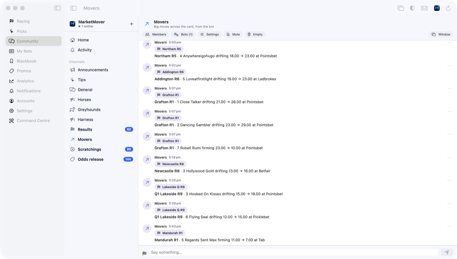 The Movers channel on the Mac: each big price move with the race, the runner and the book.