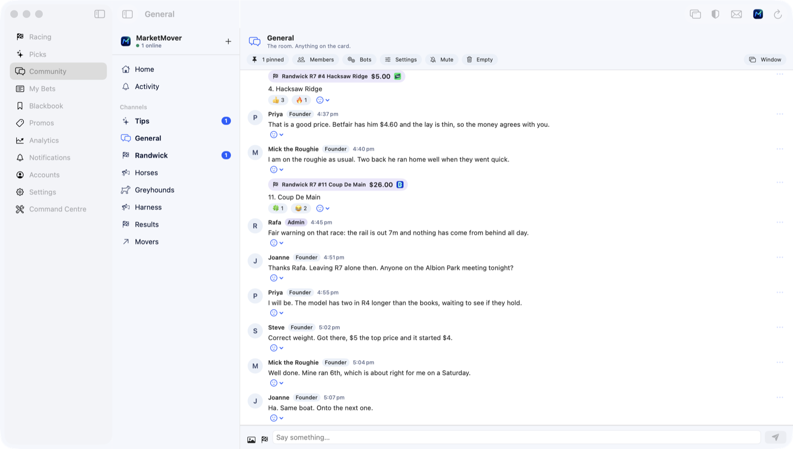 The community on the Mac, with a sample conversation: members talking through a race, with two runners shared into the room at the price they were on.